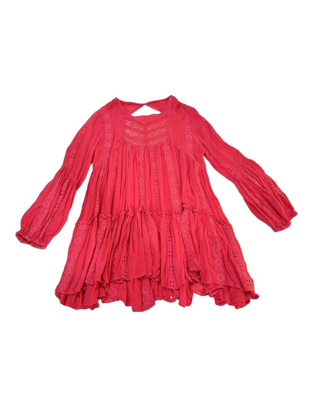 Free People Kiss Kiss Embroidered Tunic Top Hot Pink Small Boho